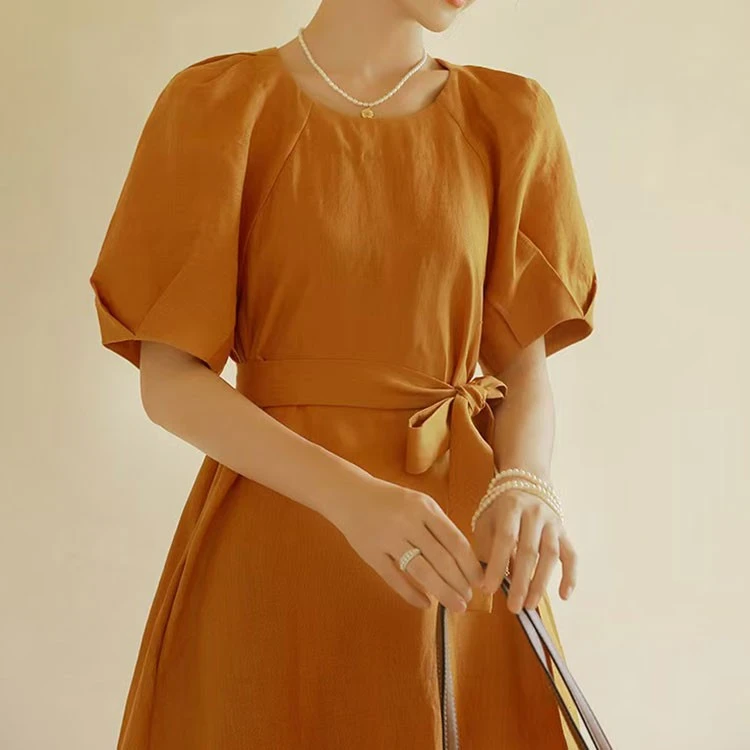Custom Summer Elegant Belt Short Sleeve Round Neckline Back With Zipper 100% Linen Dress Linen Cotton Dress