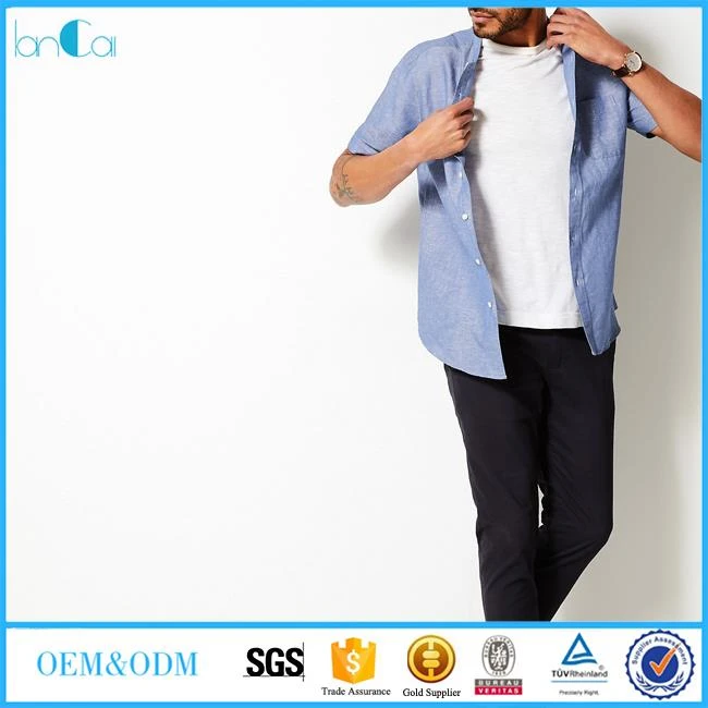 New Design Blue Linen Shirt Mens